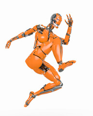 cyborg girl is jumping in action on white background