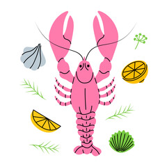 Fresh lobster with lemon slices, garlic and rosemary. Crayfish dish with herbs seasoning. Fresh crawfish with big claws meal menu illustration.