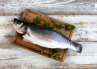 Freshly cleaned seafood seabass fish on wood board with parsley herbs on side