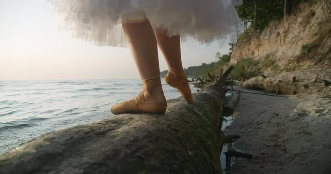 Legs of graceful ballerina in pointies walking on tree trunk in slow motion on sandy beach. Unrecognizable talented Caucasian woman in tutu dancing at sunrise on sea shore. Cinema 4k ProRes HQ