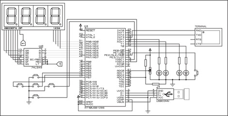 The vector  electrical schematic diagram of a digital usb
information output device,
operating under the control of an ATmega microcontroller.
Vector drawing of an electronic device in a1 format. - obrazy, fototapety, plakaty