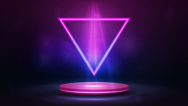 Empty podium with pink and blue triangle neon frame floating in the air