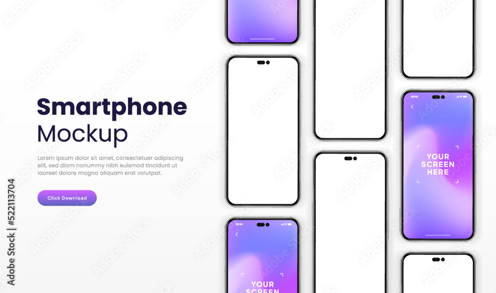 Poster 3D realistic high quality smartphone mockup isolated with white blank screen. Smart phone mockup collection. Device front view. 3D mobile phone with shadow on white background.