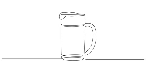 Continuous one line drawing of beer or lemonade glass with foam. Craft drink alcohol ale in simple linear style for bar and pub concept banner and menu. Editable stroke. Vector illustration