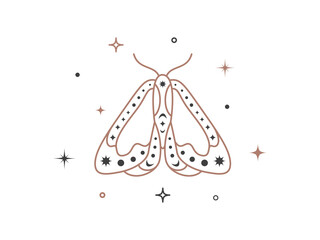 Mystical celestial outline moth with stars line art. Spiritual magic butterfly for branding name logo cosmetical salon and shop. Esoteric magical temporary tattoo. Doodle Vector illustration