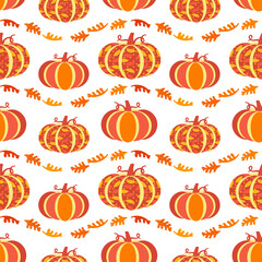 Happy Thanksgiving Day holiday geometric seamless vector flat pattern. Cute pumpkin, oak leaves cartoon design. Hand drawn autumn Fall harvest holiday festival celebration background illustration