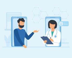 Video call with a personal doctor who gave advice to the patient. Landing page website illustration vector flat design.