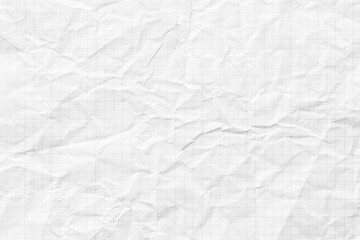 crumpled checkered notebook for writing, white paper texture background - obrazy, fototapety, plakaty
