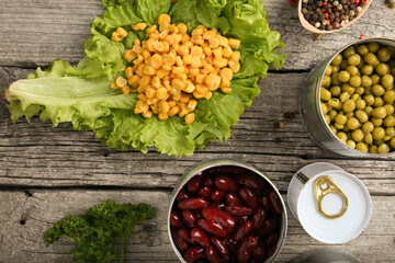 Canned corn, peas, beans