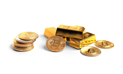 Bitcoins and gold bars isolated