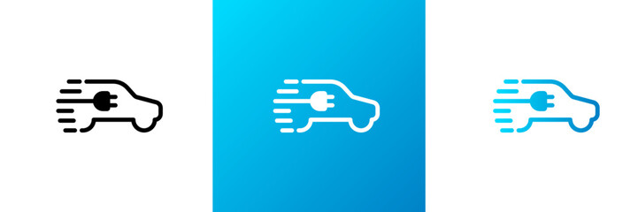 Fast electric car charging logo. Electrical automobile with cable plug charge symbol. Eco friendly ev auto vehicle quick charger concept. Speed recharge electricity transport vector eps illustration
