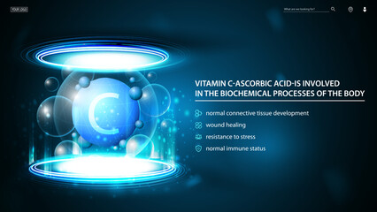 Vitamin C, blue information poster with abstract medicine neon capsule inside blue portal made of digital rings in dark empty scene and list of benefits for health