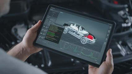 A car repairman performs wireless diagnostics of a car, scanning for errors and searching for breakdowns using a digital tablet on which a three dimensional model of the engine and problems. - Powered by Adobe