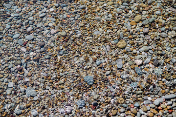 Waves on the seashore. A clear sunny day. Clear, clean sea water. Holidays on the coast. Natural background and texture.