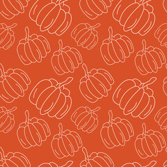 White seamless background with a pumpkin in the doodle style. Autumn pattern. Pattern for Halloween. Vector illustration.
