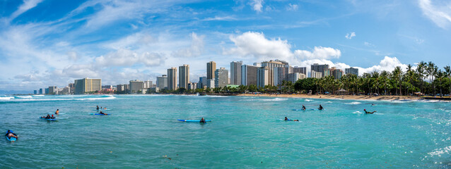 Fototapeta na wymiar Surfing lesson on Waikiki Beach, Honolulu – Panorama