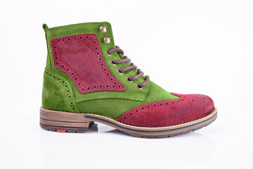 Male pink and green leather boot on white background, isolated product.