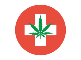 Leaf of marijuana on an ambulance cross icon. 