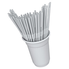 Plastic disposable party cup for coffee or fresh with heap straw on white.