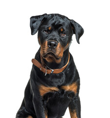 Obraz premium Black-and-tan Rottweiler wearing a brown collar dog
