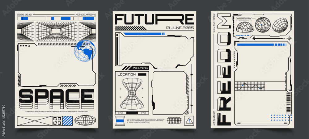 Fototapete Posters with HUD elements and empty frames. Abstract cyberpunk banner with wireframe 3D figures