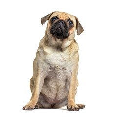 portrait of a one year old pug looking up, isolated on white