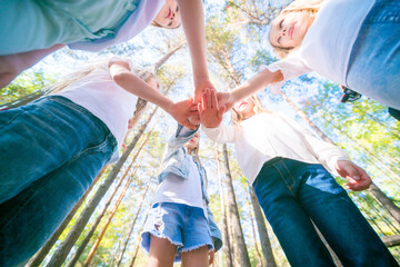 A group of girls walking in the summer forest put their hands together. The concept of friendship and unity. Team spirit
