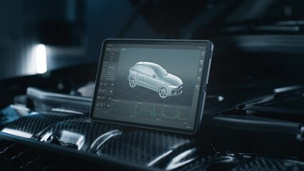 Application for remote wireless diagnostics on the screen of a tablet. Animation of a 3D model of the electric car in the process of scanning individual parts of engine, highlighted in red. - Powered by Adobe