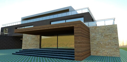The concept of the front entrance to an advanced country house. Concrete steps. Finishing the porch facade board. Sliding automatic glass doors. 3d render.