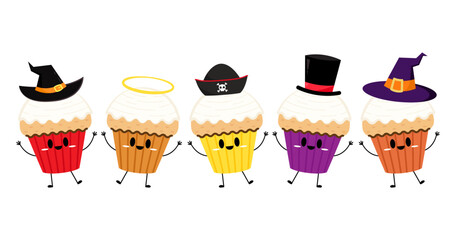 Halloween cupcakes vector. Desserts for Halloween party. Vector illustration in cute cartoon style. Cupcakes halloween mascot.