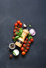 Pepper grinder, basil, spices and vegetables on a kitchen black table with space for text. Food ingredients.