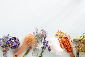 Obraz na płótnie Canvas Bio herbal homeopathic medicine spa cosmetic arrangement, handmade cosmetic.