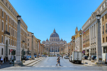 View of St. Peter's Basilica from via della Conciliazione (Road of the Conciliation) in the Vatican...