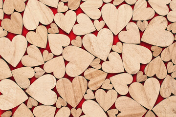 Red heart, valentine day greeting card. Wooden hearts background.