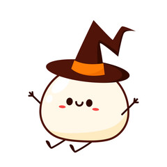 Cute Mochi cartoon vector. Mochi icon vector. Japanese rice dessert. Cute Mochi in a witch hat. 