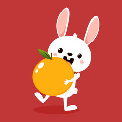 Happy Chinese new year greeting card 2023 with cute rabbit with oranges. Animal holidays cartoon character. Cute Rabbit on red background.