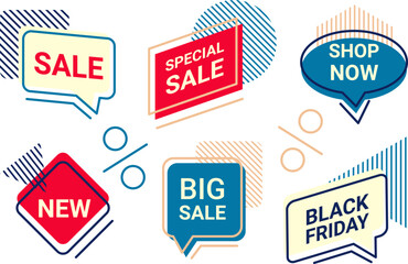 Labels for online store, inscriptions of discounts, Black Friday and new products. Vector illustration