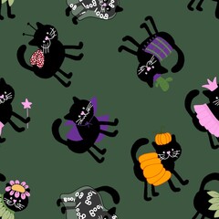 Halloween black cats seamless pattern for clothes print and wrapping and accessories and fabrics and kids and festive