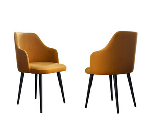 Front and back view of yellow modern dining chair with black legs isolated on white background