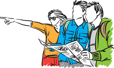 group of tourist looking attraction searching map travel concept vector illustration