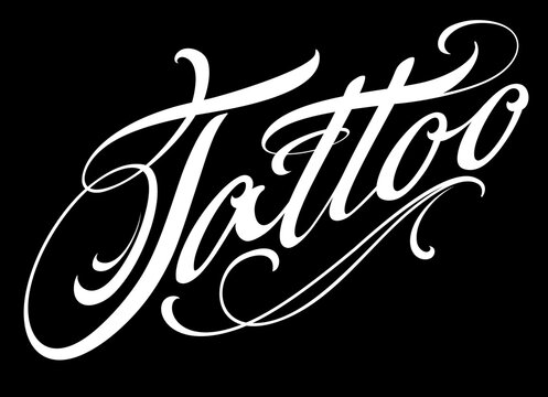 Tattoo shop calligraphic lettering isolated on black background 