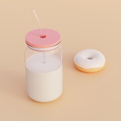 Glass Can with Milk and Donut conceptual food 3d illustration
