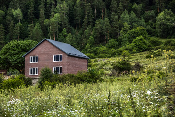 Brick house on the background of coniferous forest. Guest House