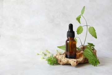 cosmetic bottle with pipette on podium of pebble stones. Natural moisturizing face serum