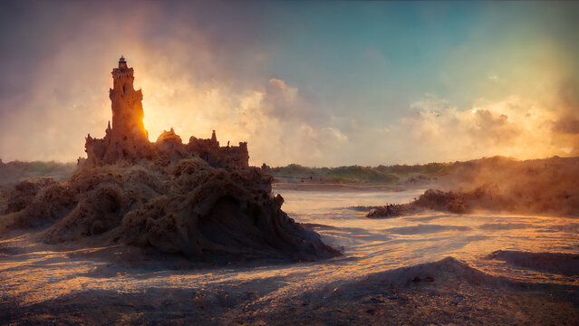 Sand castle on the beach. Sunset on the beach, castle, waves. 3D illustration. © Terablete