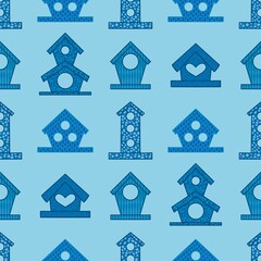 Fototapeta premium Cartoon geometric seamless birdhouse pattern for wrapping paper and clothes print and fabrics and kids