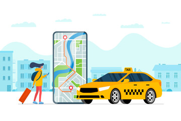 Taxi ordering service app concept. Girl booking yellow cab. Woman with smartphone order car transfer online. Route and arrival address on city map on mobile screen. Web application get taxicab. Vector