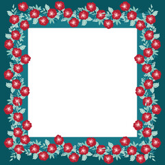 Square frame from cute red flowers. Place for text. Greeting card template.