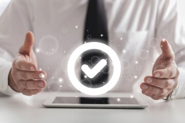 Hand touching to screen with tick correct mark to approve document and business project concept.