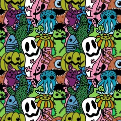 Halloween cartoon seamless doodle ghost and pumpkins and cactus and monsters pattern for wrapping and kid